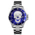 SKMEI 9195 Fashion Water-inlaid Drill Skull Nightlight Waterproof Quartz Watch Steel Strip Watch for Men(Silver Blue)