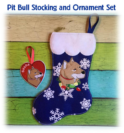 ITH Pit Bull Stocking and Heart Ornament Embroidery Machine Design Set