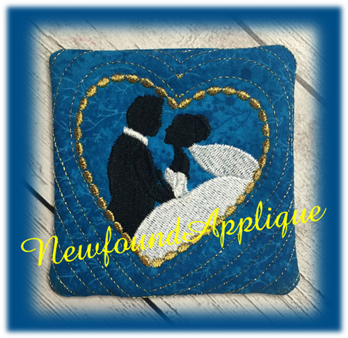 In The hoop Bride And Groom Silhouette Coaster Embroidery Machine Design