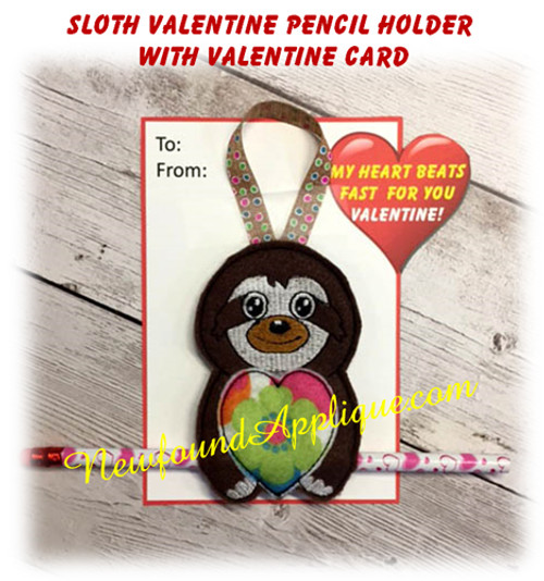 In the hoop Sloth Valentine Heart Pencil Holder Embroidery Machine Design