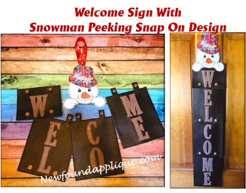 In The Hoop Welcome Sign with Snowman Peeking Snap On Embroidery Machine Design