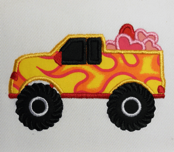 Haulin' Hearts Monster Truck Applique Embroidery Machine Design