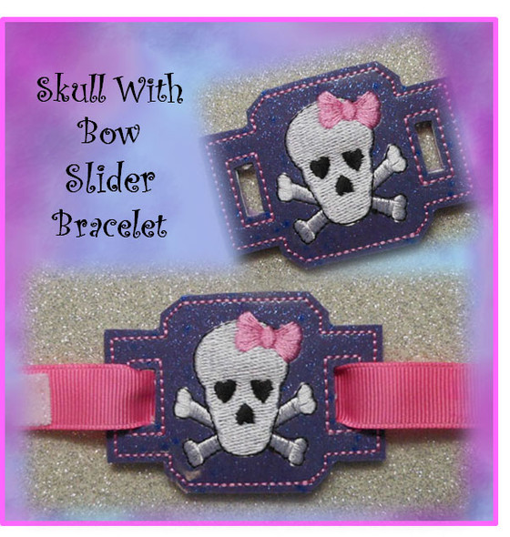 In The Hoop Ribbon Slider Bracelet Skull With Bow Embroidery Machine Design