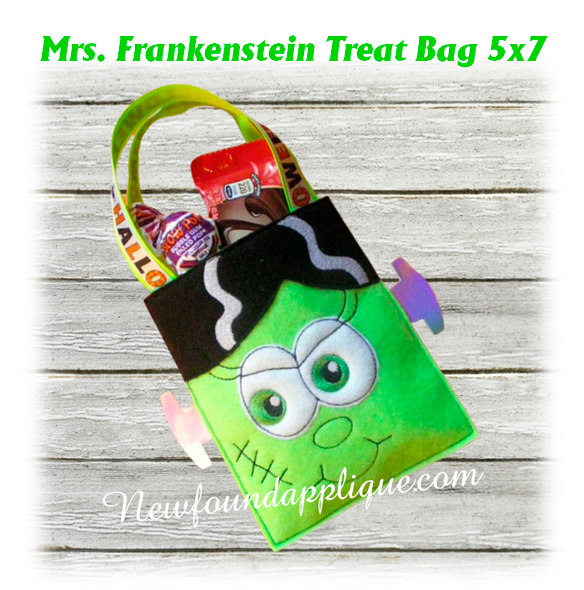 In the hoop Halloween Treat Bag Mrs. Frankenstein Embroidery Machine Design for 5x7 Hoop
