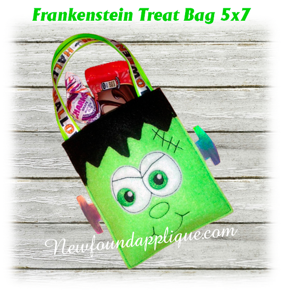 In The Hoop Halloween Treat Bag Frankenstein Embroidery Machine Design for 5x7 Hoop