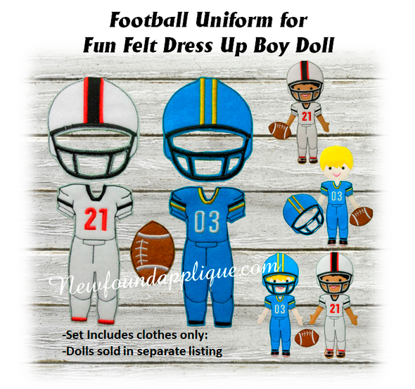 In The Hoop Football Uniform Embroidery Machine Design Set for Dress Up Fun Boy Dolls