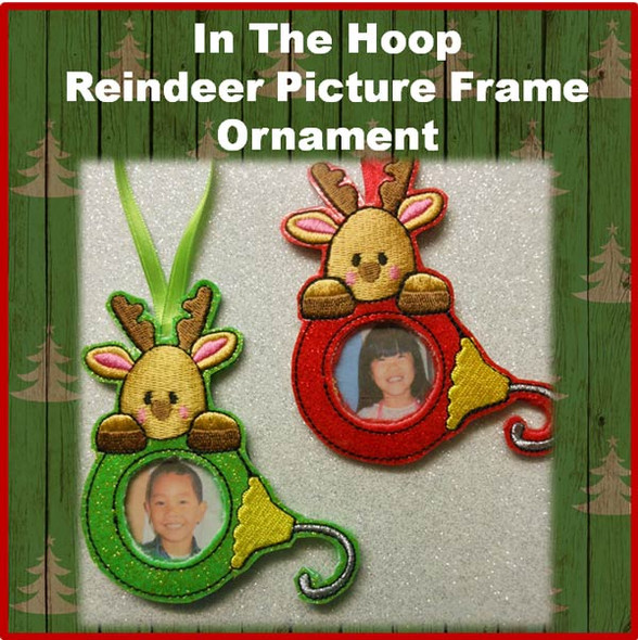 In the Hoop Reindeer PIcture Frame Tree Ornament Embroidery Machine Design