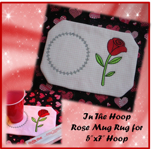 In The Hoop Valentine Rose Mug Rug Embroidery Machine Design for 5"x7" Hoop