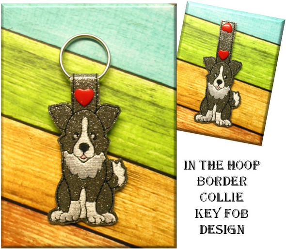 In The Hoop Border Collie Key Fob Embroidery Machine Design