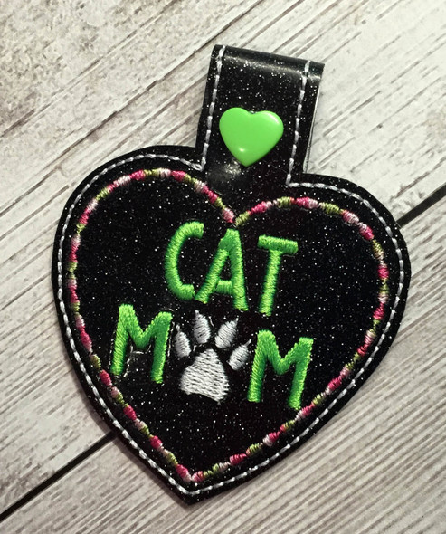 In The Hoop Cat Mom Snap Tab Key Fob Embroidery Machine Design