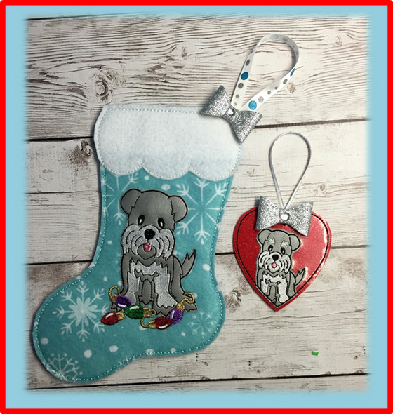 In The Hoop Schnauzer Stocking and Heart Ornament Embroidery Machine Design Set