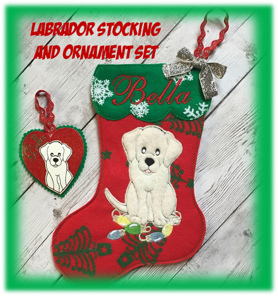 In The Hoop Labrador Stocking and Heart Ornament Embroidery Machine Design Set