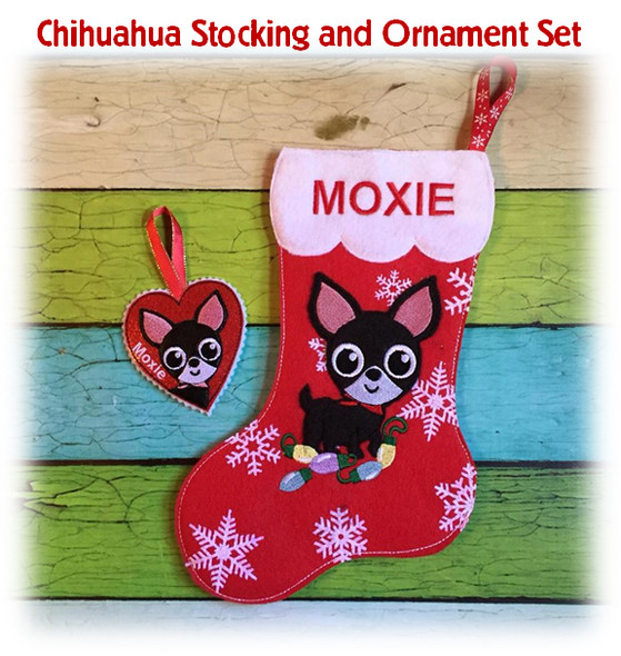 In The Hoop Chihuahua Stocking and Heart Ornament Embroidery Machine Design