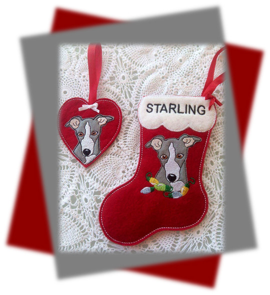 In The Hoop Grehhound Stocking And Ornament Embroidery Machine Design Set