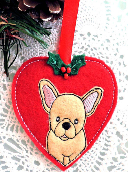 In The Hoop French Bull Dog Heart Ornament And Embroidery Design Set for 4"x4" Hoop