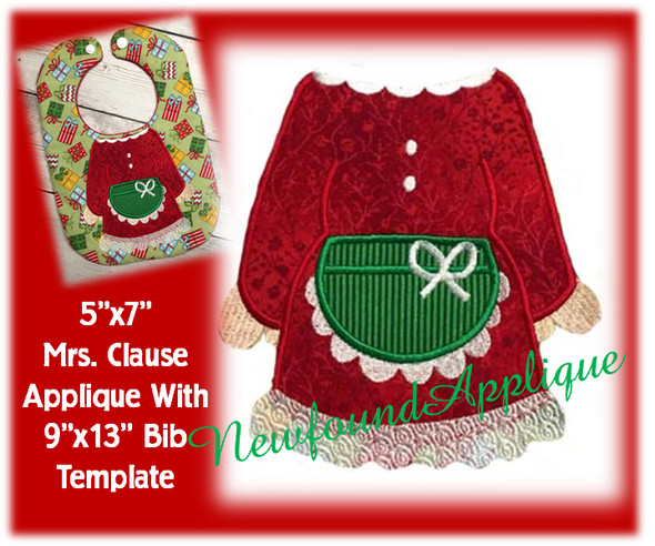 5"x7" Mrs. Clause Applique Embroidery Machine Design With 9"x13" Bib Template