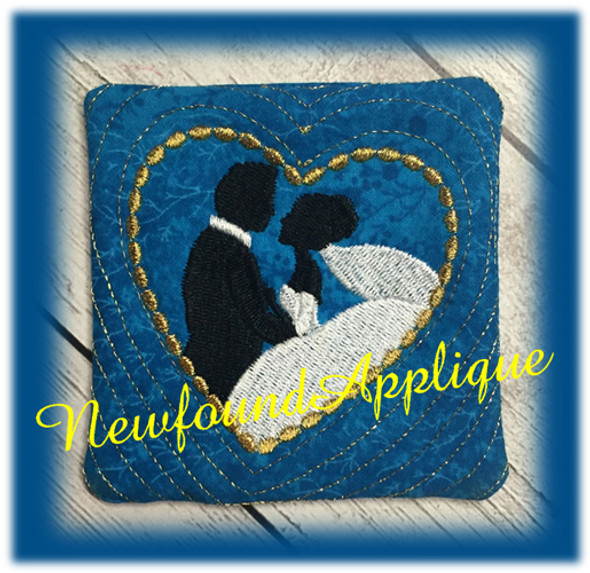 In The hoop Bride And Groom Silhouette Coaster Embroidery Machine Design