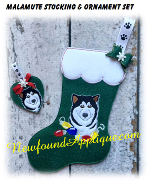 In The Hoop Malamute Dog Stocking And Ornament Embroidery Machine Design Set