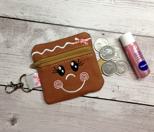 In The Hoop Gingerbread Girl Zipped Coin Purse Embroidery Machine Design