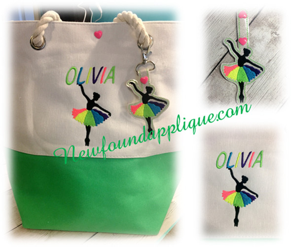 In The Hoop Ballerina With Rainbow Tutu Key Fob And EMbroidery Machine Design Set