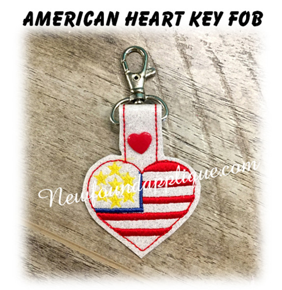 In The Hoop American Heart Snap Tab Key Fob Emboridery Machine Design