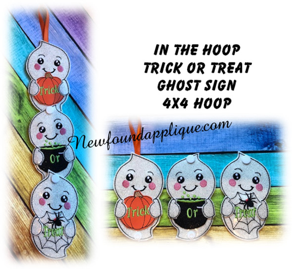 In The Hoop Ghost Trick Or Treat Sign Embroidery Machine Design For 4x4 Hoop