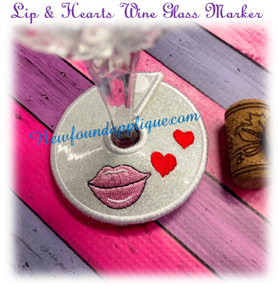 In The Hoop Lips N Heart Wine Glass Marker Embroidery Machine Design