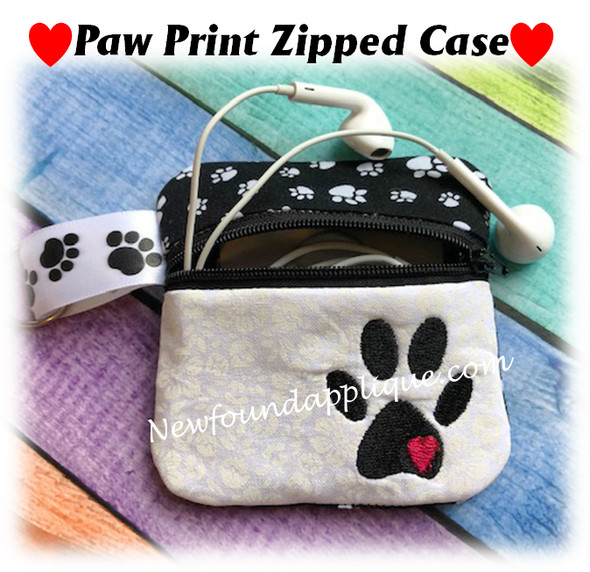 In The Hoop Zipped Case With Paw Print Embroidery Machine Design