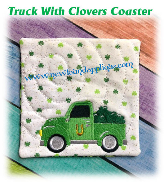 In The Hoop Truck With Clovers Coaster Embroidery Machine Design