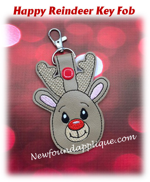 In The Hoop Happy Reindeer Key Fob Embroidery Machine Design