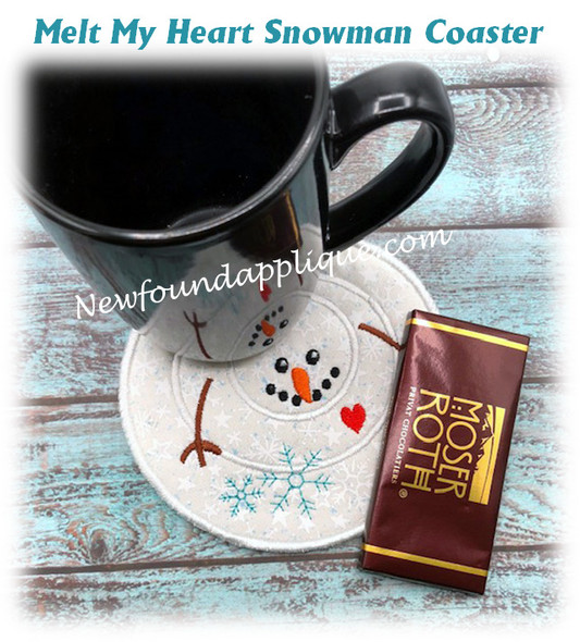 In The Hoop Melt My Heart Snowman Coaster Embroidery Machine Design