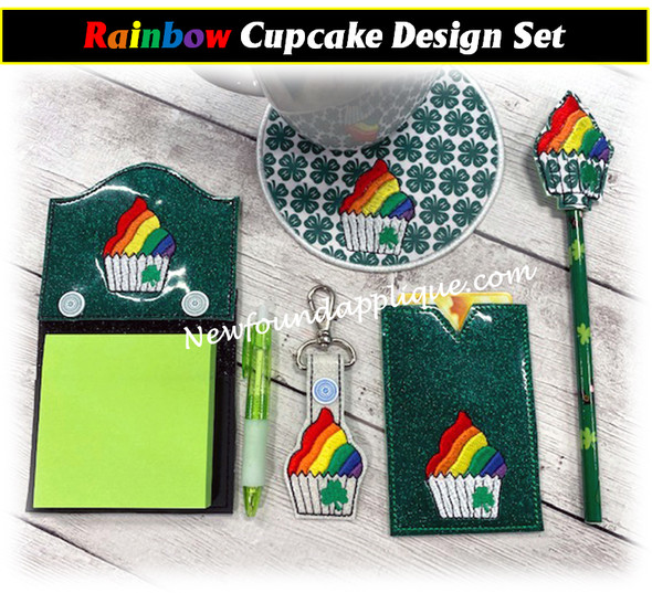 In The Hoop Rainbow Cupcake w Clover Embroidery Machine Design Set