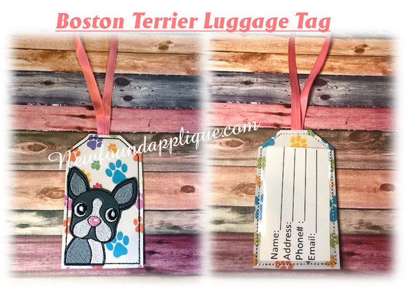 In The Hoop Boston Terrier Luggage Tag Embroidery Machine Design