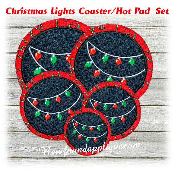 In The Hoop Christmas Lights Coaster Hot Pad Embroidery Machine Design Set 