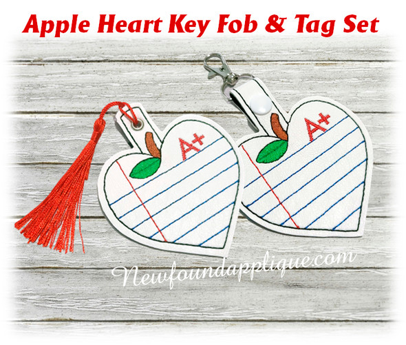 In The Hoop Lined Heart Apple Key Fob And Tag Embroidery Machine Design Set