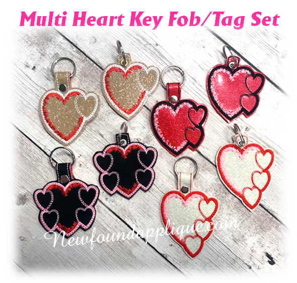 In The Hoop Multi Heart Key Fob Tag Embroidery Machine Design Set