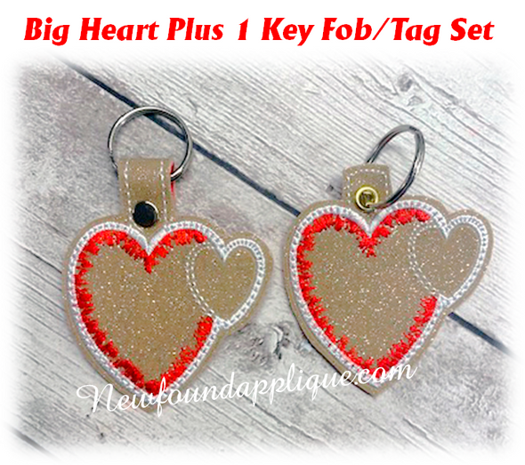 In The Hoop Big Heart Plus 1 Key Fob Tag Embroidery Machine Design Set