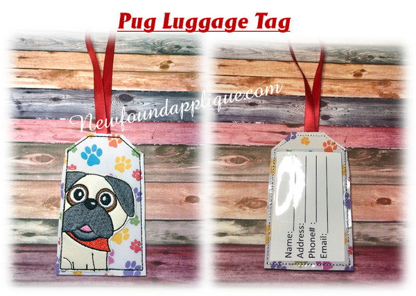 In The Hoop Pug Luggage Tag Embroidery Machine Design