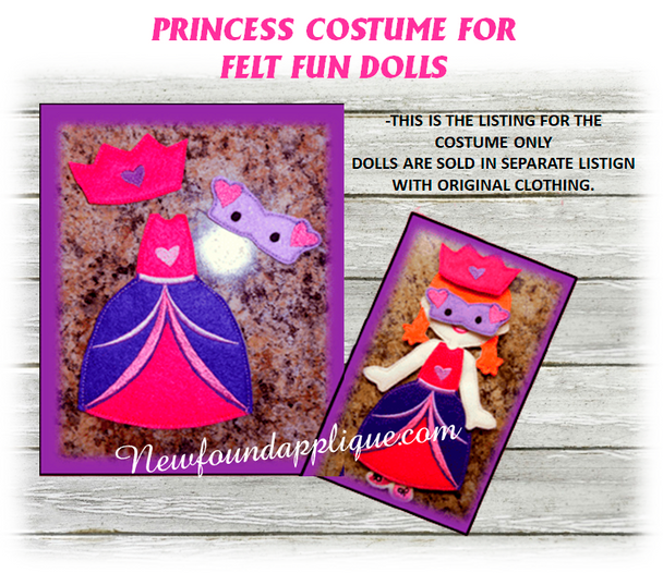 In The Hoop Princess Costume Set for Felt Fun Dolls Embroidery Machine Design