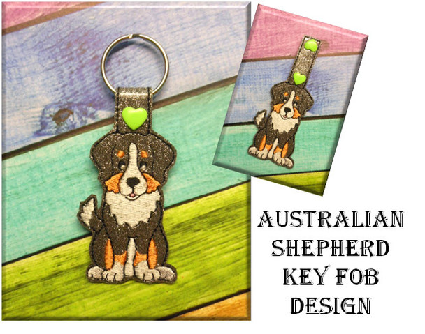 In The Hoop Australian Shepherd Key Fob Embroidery Machine Design