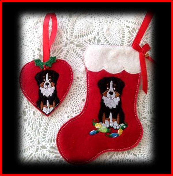 In The Hoop Australian Shepherd Heart Ornament and Stocking Embroidery Machine Set