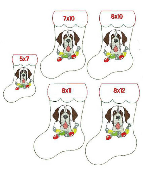 In The Hoop German St. Bernard Stocking and Heart Ornament Embroidery Machine Design Set