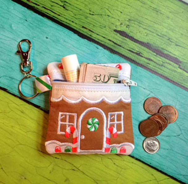 In the hoop Gingerbread House Zipped Coin Purse Embroidery Machine design