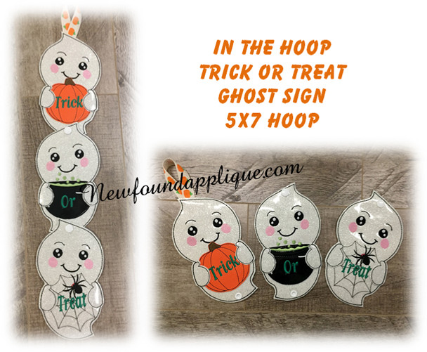 In The Hoop Ghost Trick Or Treat Sign Embroidery Machine Design for 5x7 hoop