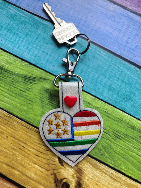 In The Hoop American Heart Rainbow Key Fob Embroidery Machine Design