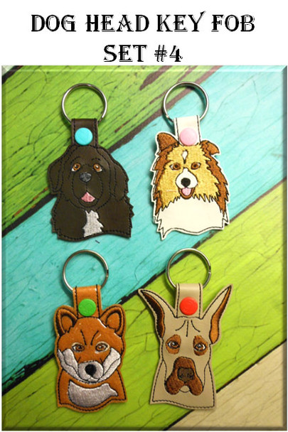 In The Hoop Dog Head Key Fob Set #4 Embroidery Machine Design Set