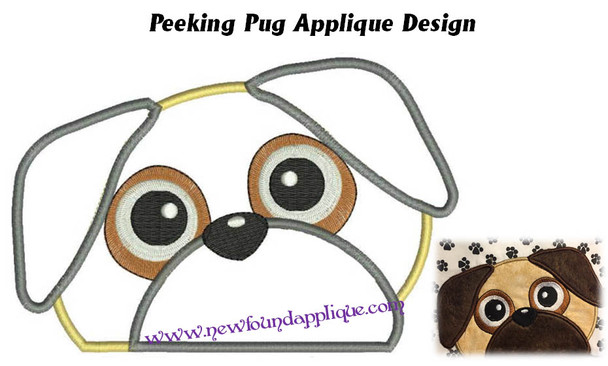 Peeking Pug Applique Embroidery Machine Design