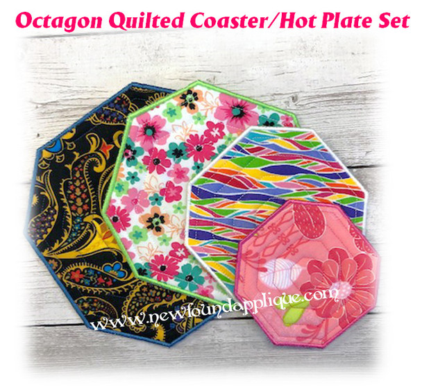 In The Hoop Quilted Octagon Coaster/Hotplate  with Satin Stitch Embroidery Machine Design Set