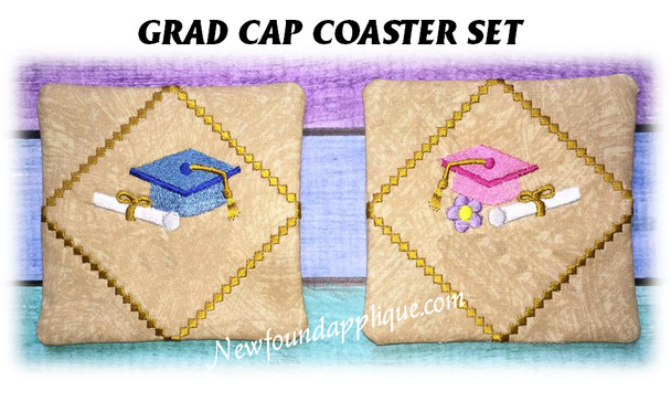 In The Hoop Grad Cap Coaster Embroidery Machine Design Set