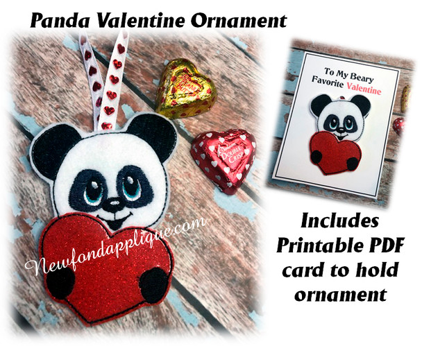 In The Hoop Panda with Heart Valentine Ornament Embroidery Machine Design